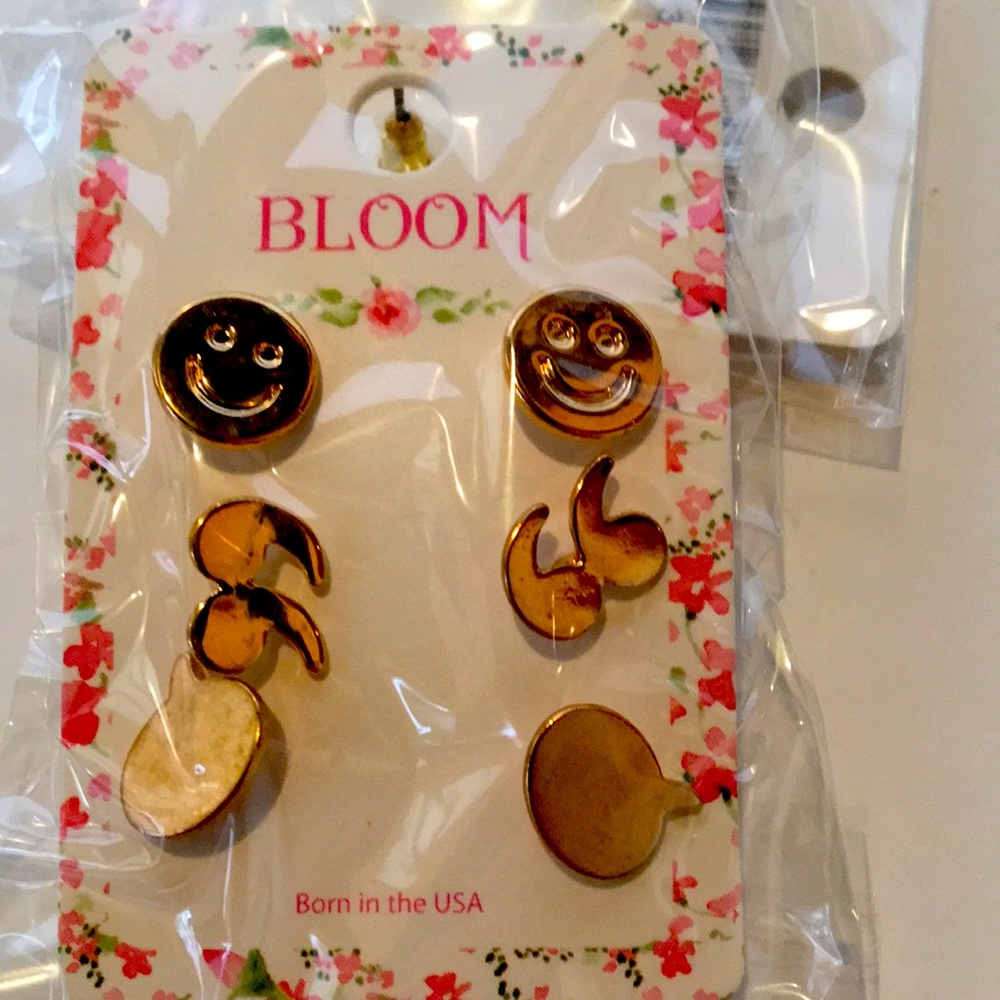 Bloom gold tone emoji earrings set 3 pair